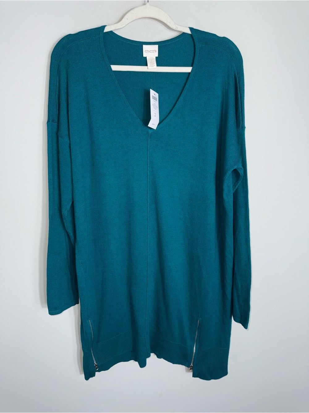Chico's Pullover Tunic Length Sweater-Teal Green-Long Sleeve-Size 2 (Large)-NWT